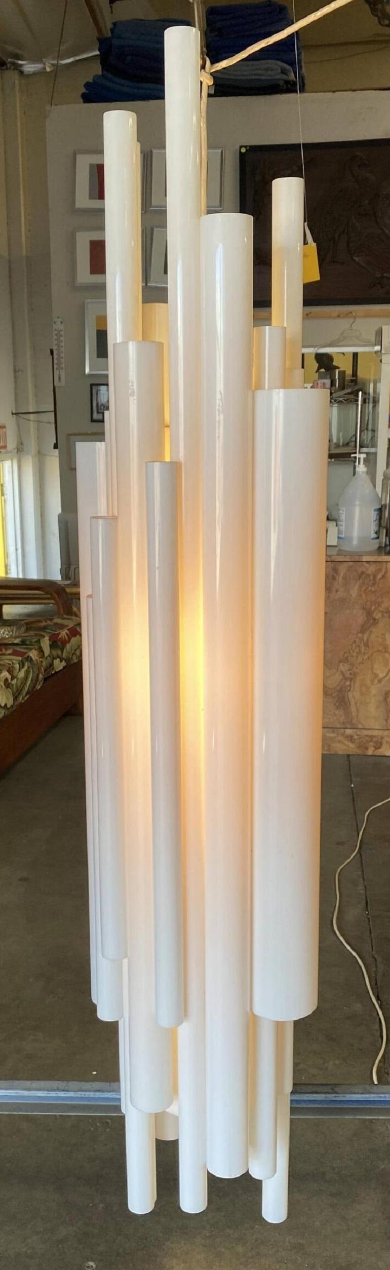 Modernist White Lucite Stacked Tube Chandelier by Rougier, Circa 1970s - 8
