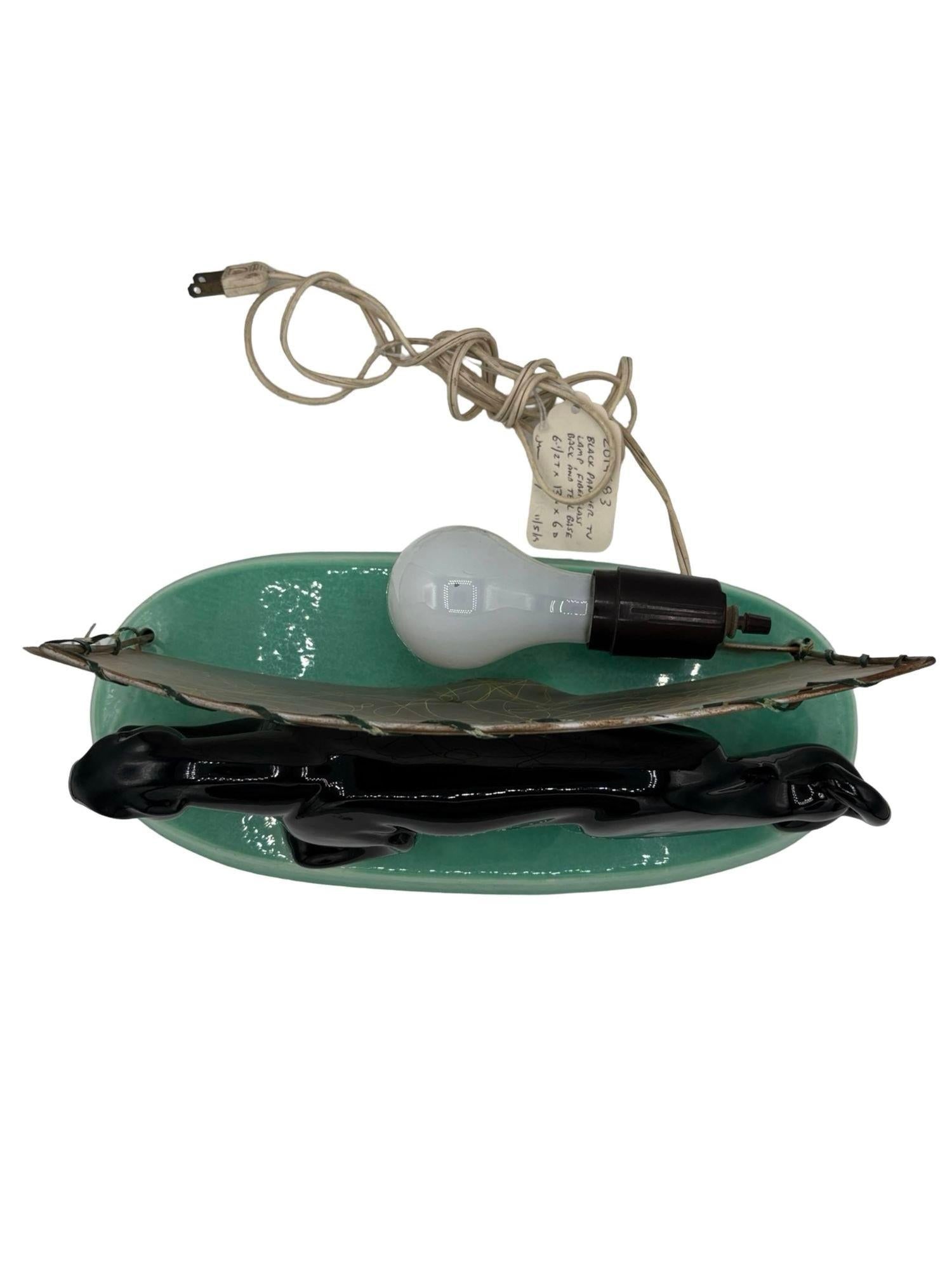 Midcentury Black Panther Ceramic Statue Lamp w/ Whipple Stitch Fiberglass Shade - 4