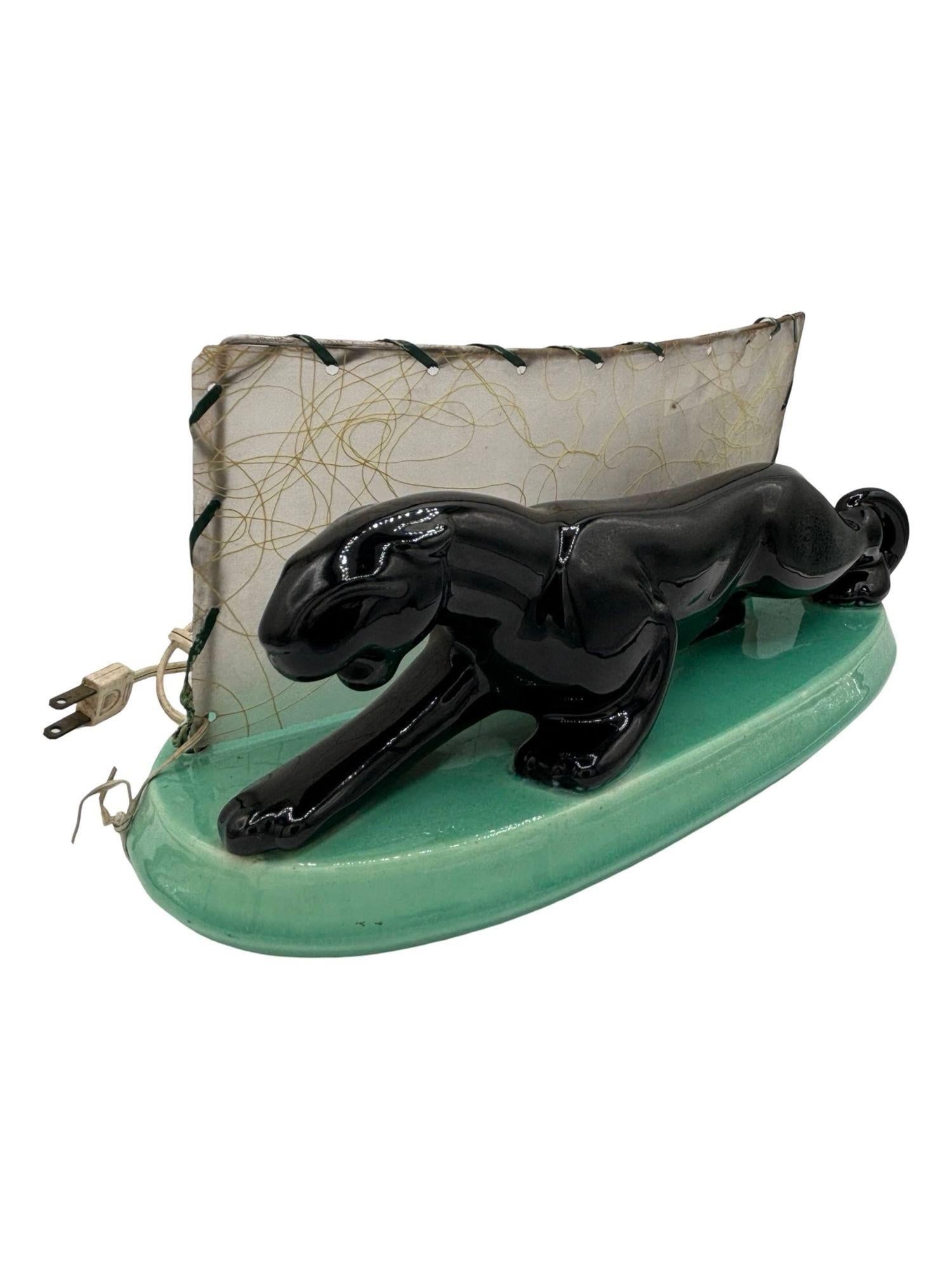 Midcentury Black Panther Ceramic Statue Lamp w/ Whipple Stitch Fiberglass Shade - 9