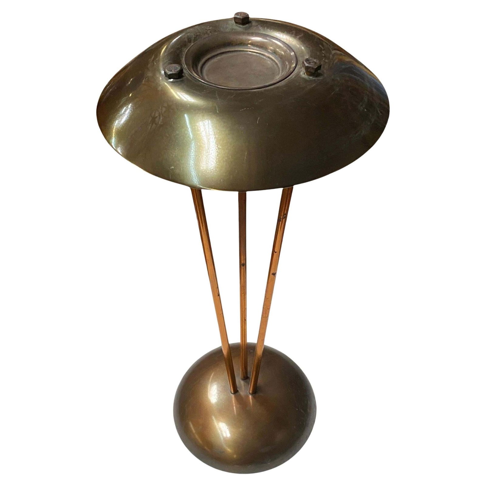High Style Machine Age Bronze and Copper Art Deco Ashtray: Circa 1930 Machine Age floor standing ashtray featuring a bronze have cut spere base with 3 copper Spidel arms connect to a spherical top. The ashtray is reminiscent of designers of the period like