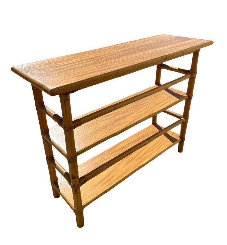 Restored Mid-Century Rattan and Mahogany Bookcase Console Table - 10