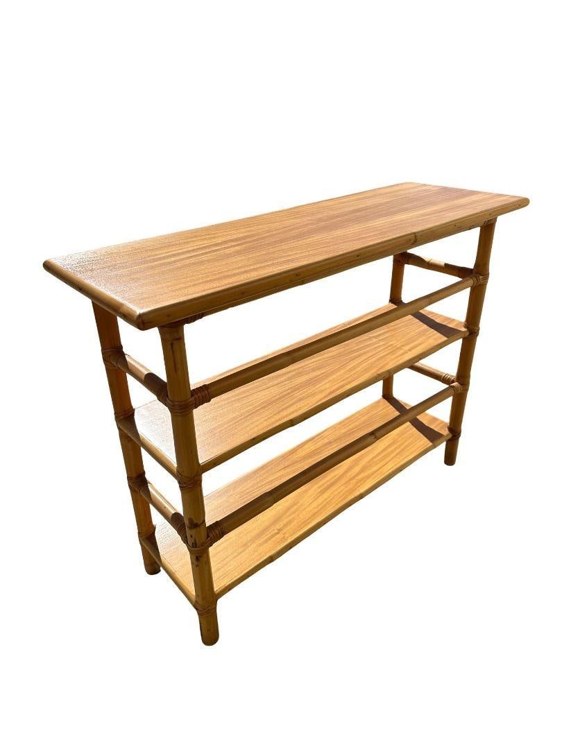 Restored Mid-Century Rattan and Mahogany Bookcase Console Table - 12