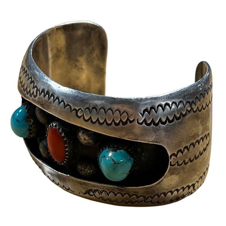 Vintage Navajo KY Sterling Silver Turquoise Coral Cuff Bracelet - 10