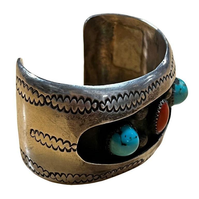 Vintage Navajo KY Sterling Silver Turquoise Coral Cuff Bracelet - 8