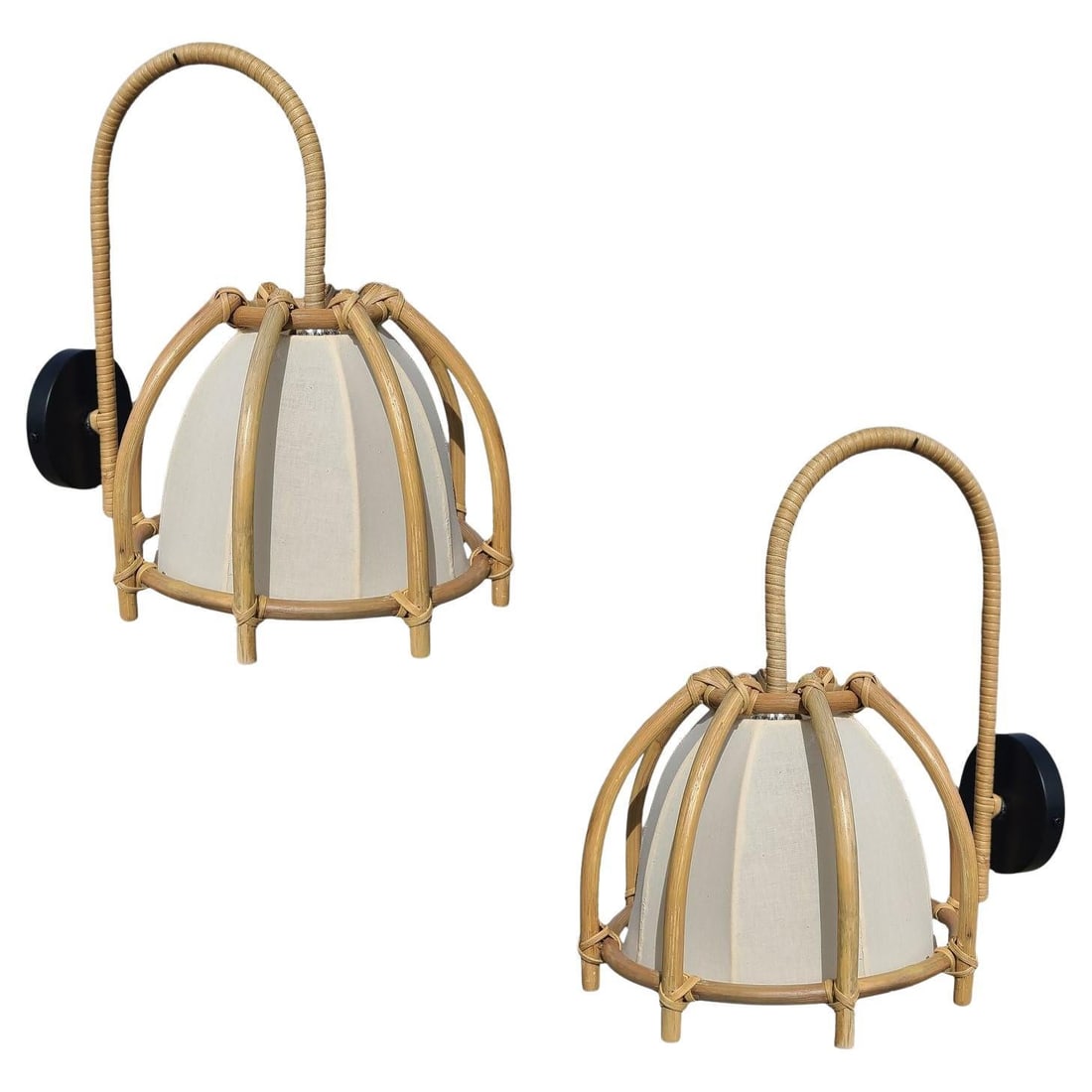 Natural Finish Rattan Skeleton Shade Wall Sconce, Pair - 14