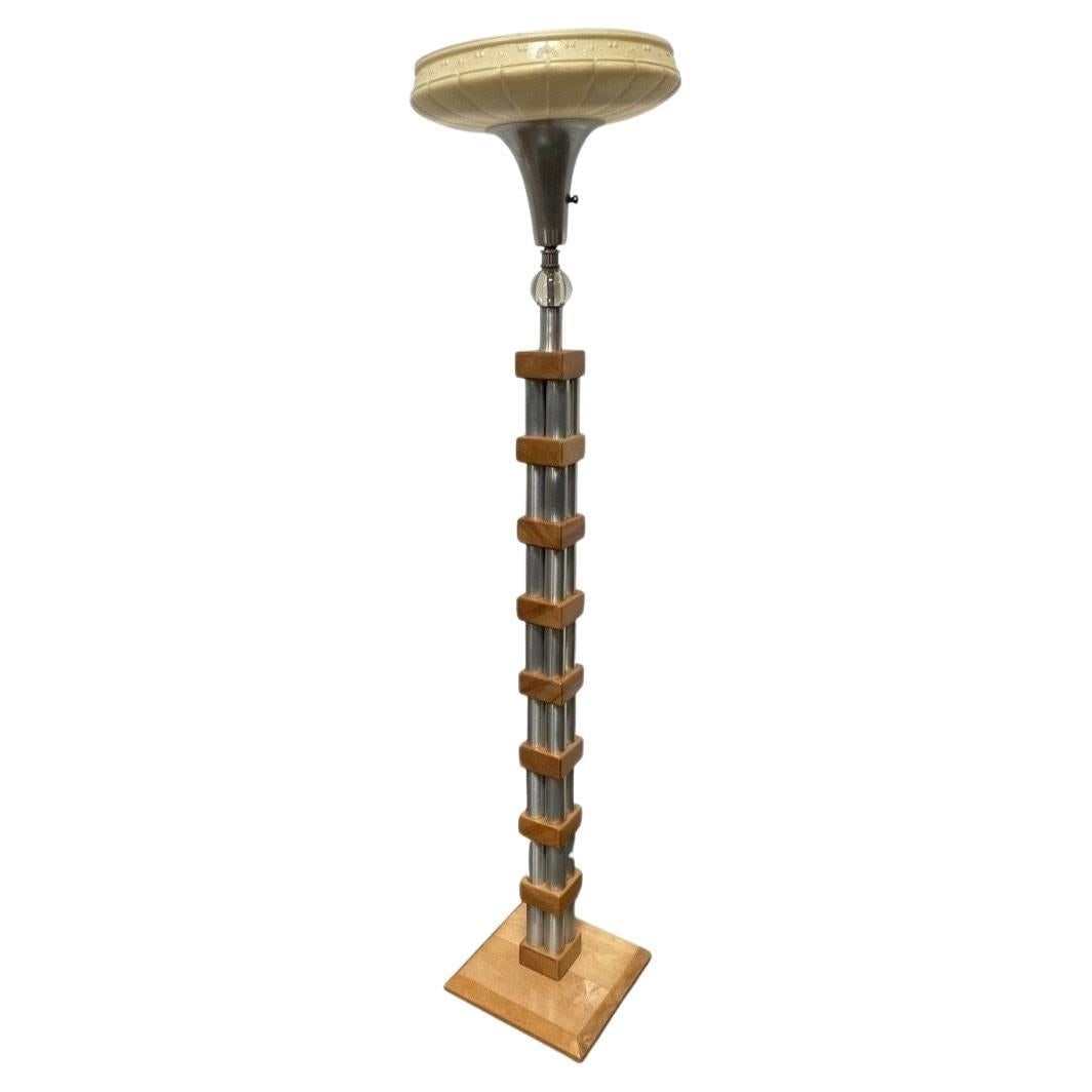 Mid-Century Modern Chrome Blond Maple Stacked Torchiere Floor Lamp (1 of 19)
