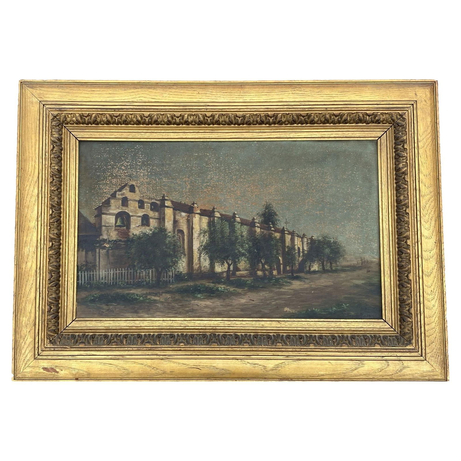 Pasadena San Gabriel Mission Victorian Oil Painting on Canvas by Ellen B. Farr: Late Victorian artwork oil painting on canvas in the original frame by Ellen B. Farr of the Pasadena San Gabriel Mission in Pasadena, California Signed "Ellen Farr" Farr née Burpee was born on No