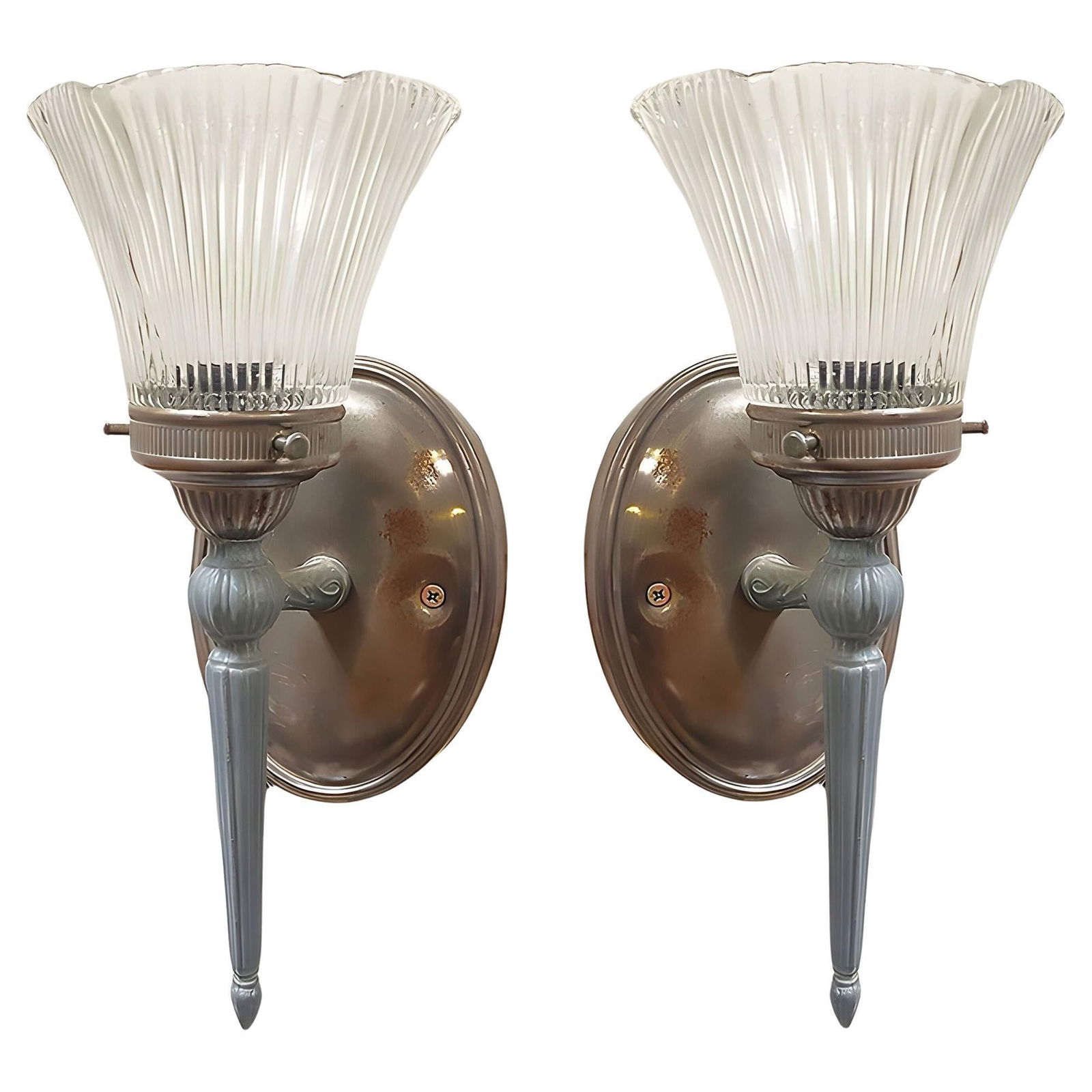 Antique Regency Wall Sconces Electric Light Fixture w/ Tulip Shade, Pair: Pair of Antique regency speleter metal electric wall sconce with ripped glass globes. This torchiere-style scone features a touch fixed with a ripped tulip glass shade fixed to an oval wall plate. Set