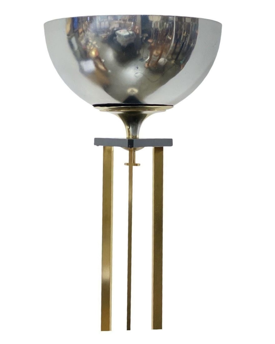 High Style Memphis Style Brass Chrome and Marble Torchiere Floor Lamp - 2