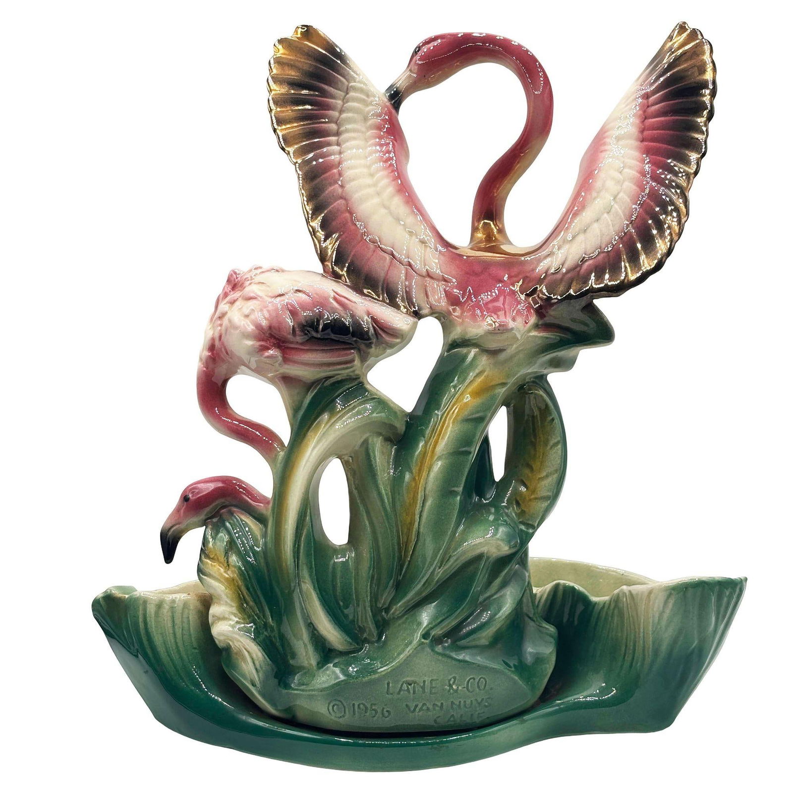1956 Ceramic Flamingo Tropical Pond Indoor Planter by Lane & Company California - 11