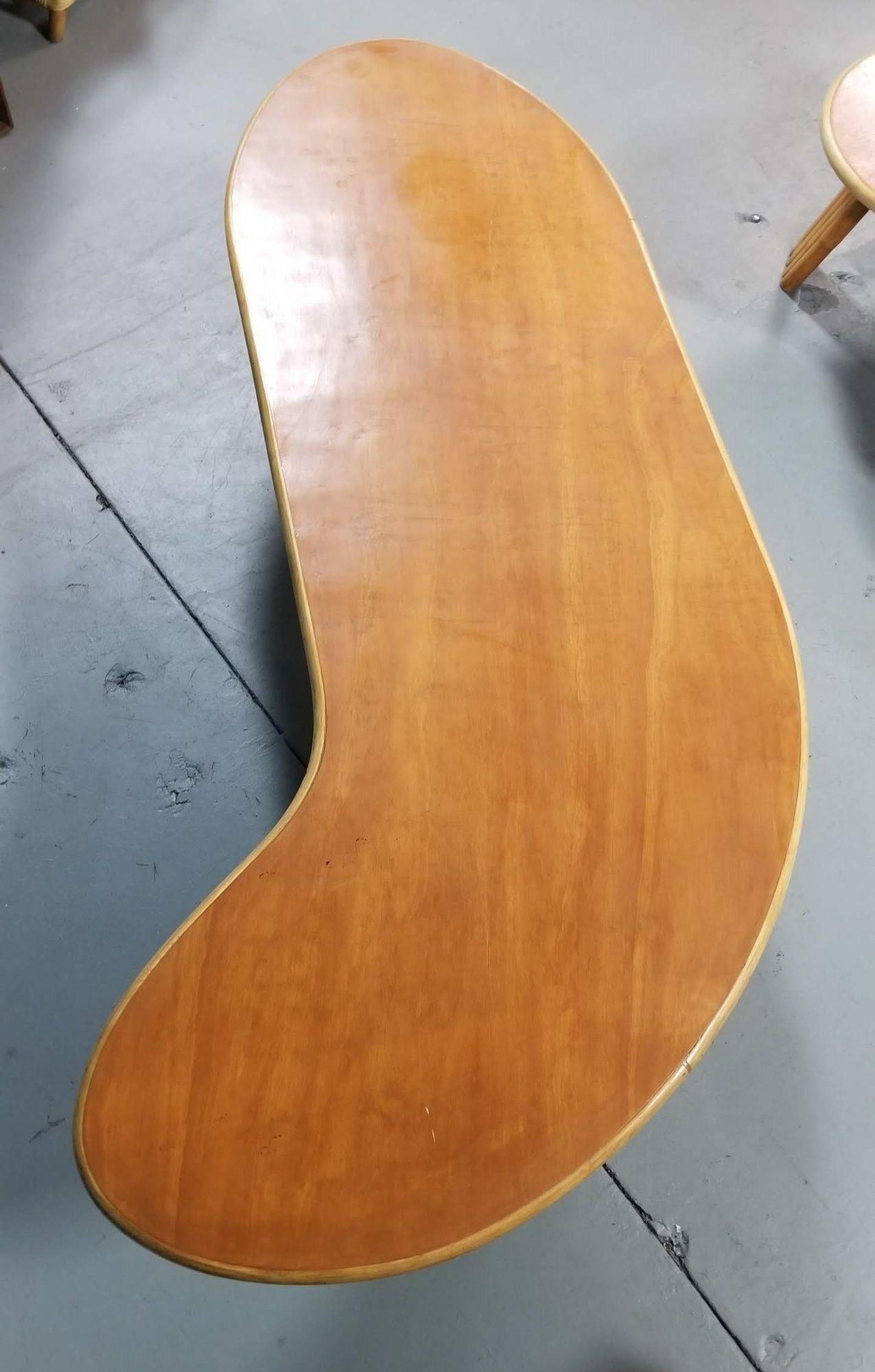 Restored Rattan & Mahogany Asymmetric "J" Coffee Table - 3