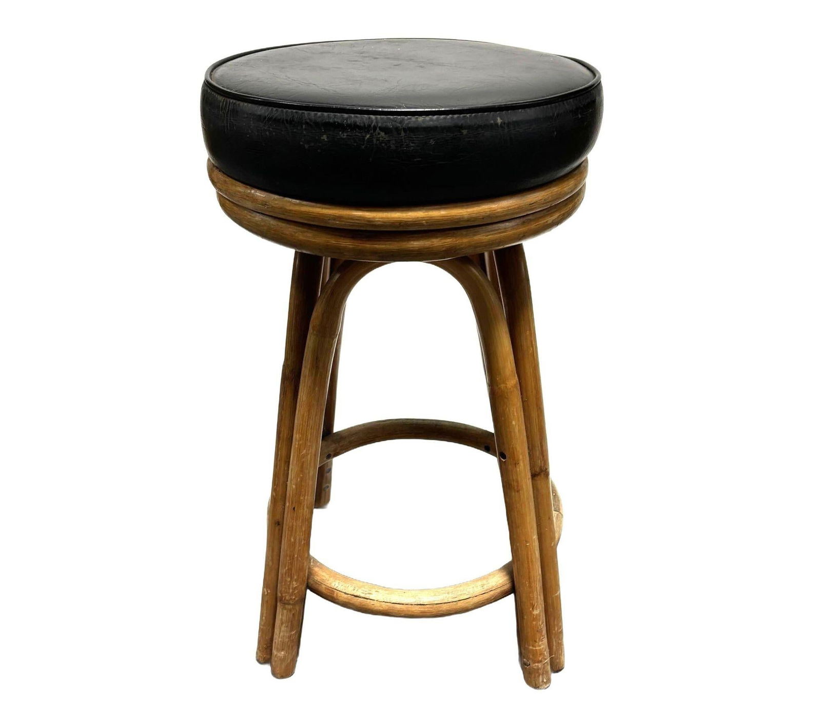 Restored Rattan Double Stand Arched Barstool w/ Black Naugahyde seat, Pair - 5