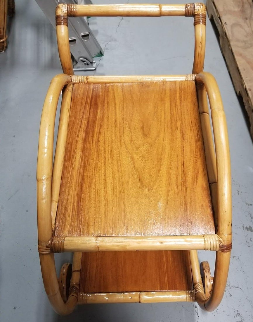 Restored Rattan and Mahogany Bar Cart with Wheels - 10