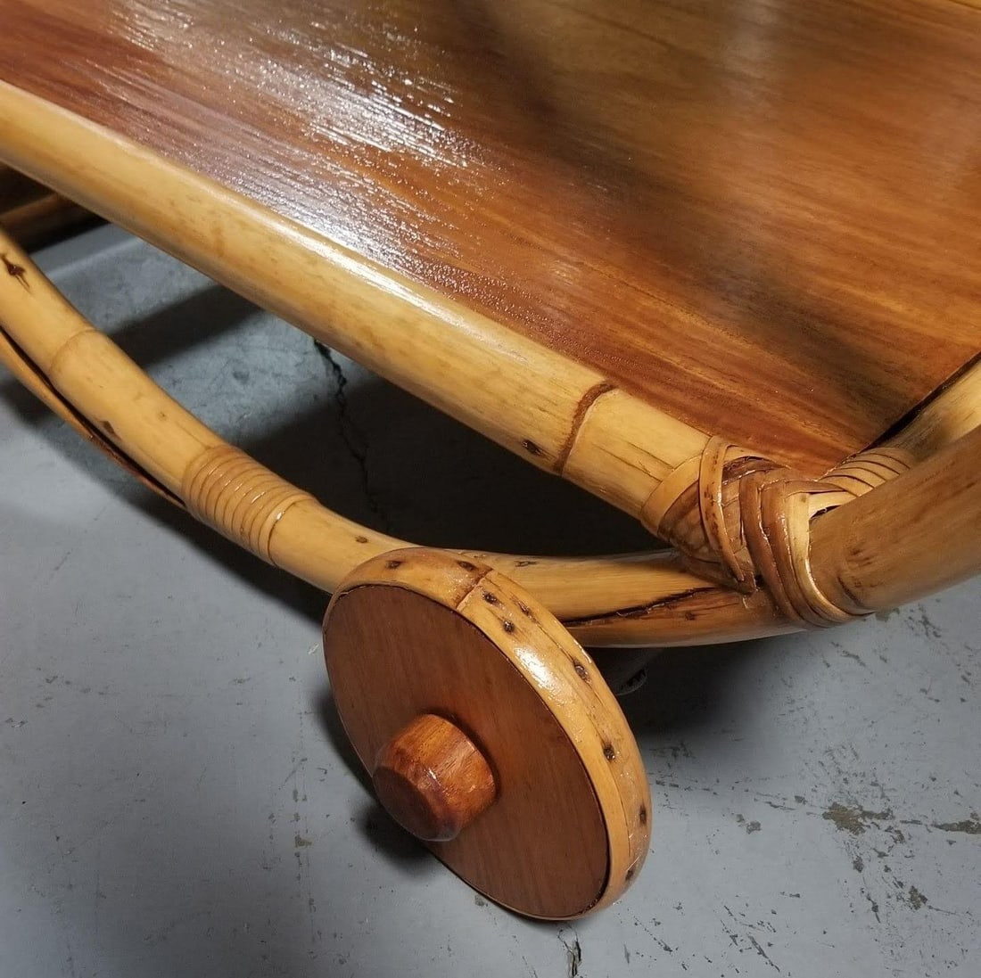 Restored Rattan and Mahogany Bar Cart with Wheels - 11