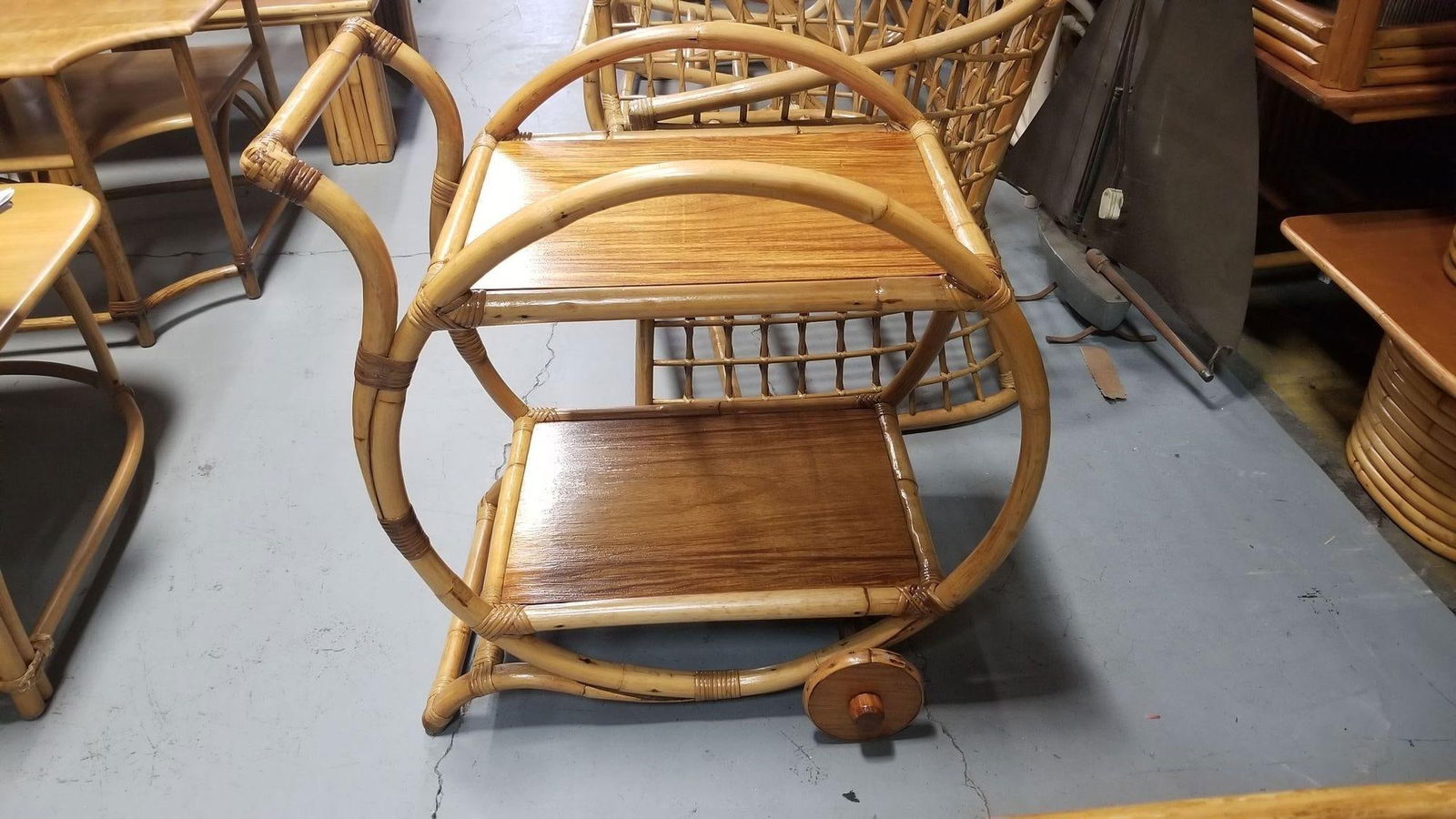Restored Rattan and Mahogany Bar Cart with Wheels - 12