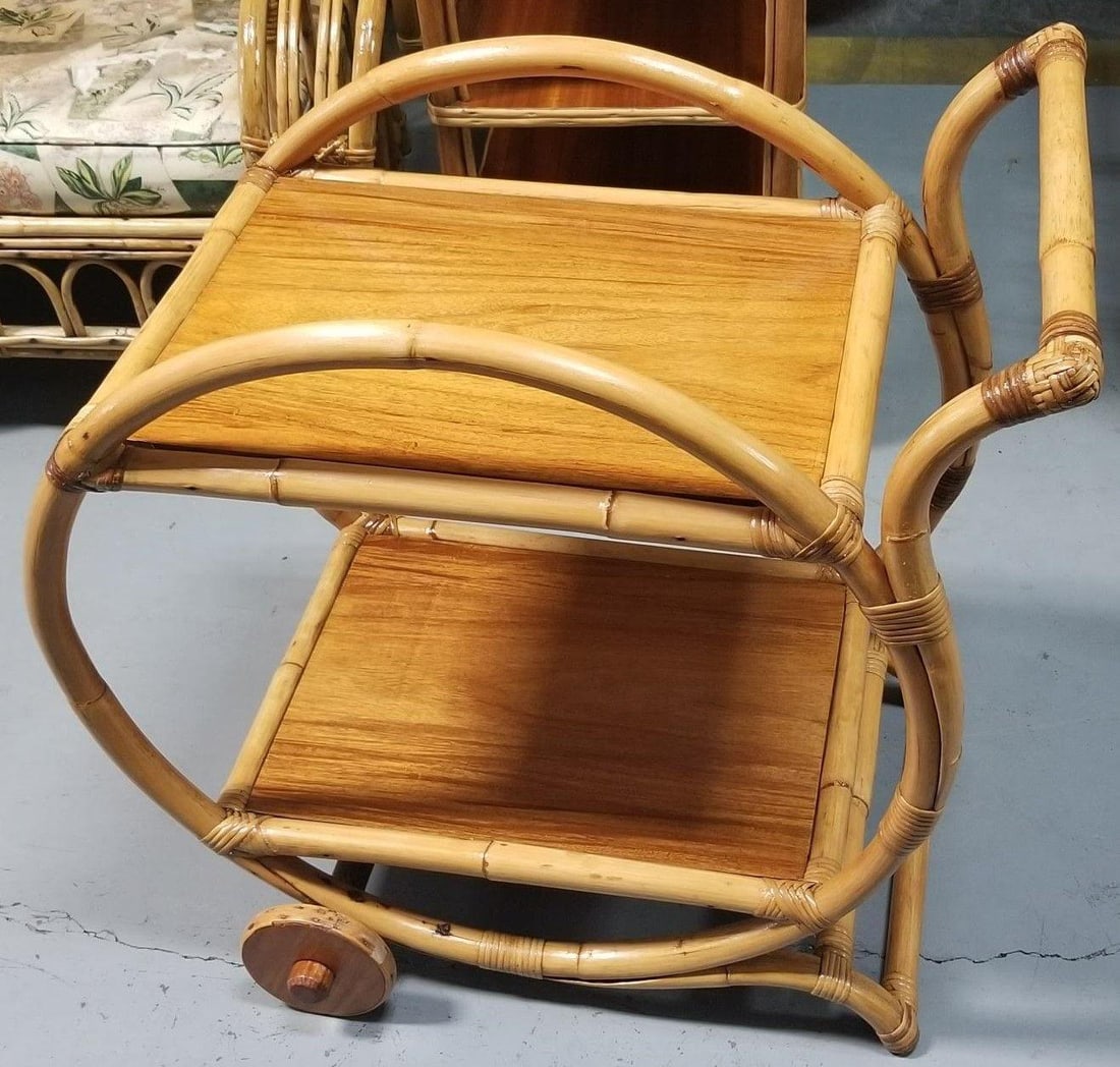 Restored Rattan and Mahogany Bar Cart with Wheels - 16