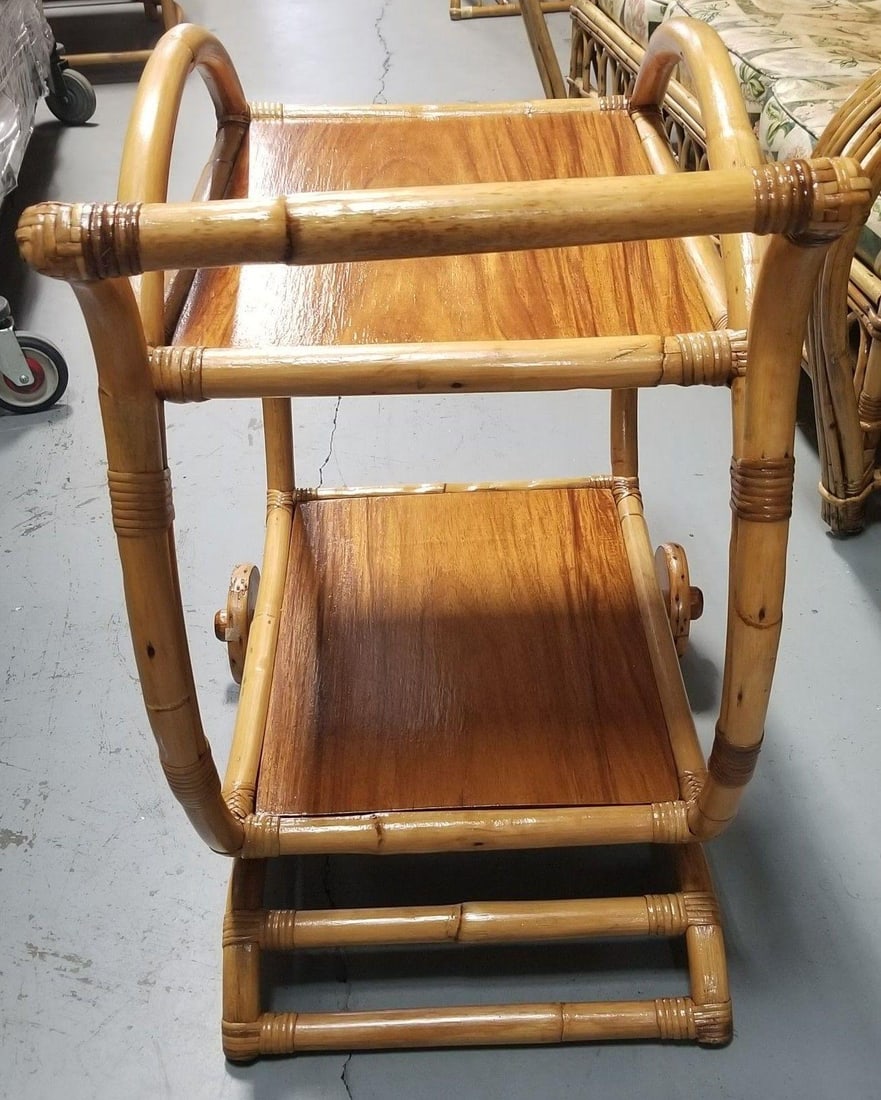 Restored Rattan and Mahogany Bar Cart with Wheels - 6