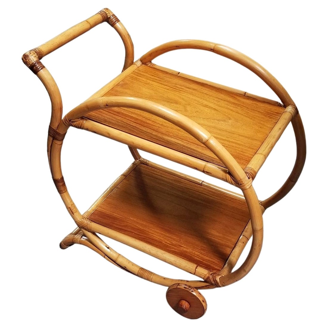 Restored Rattan and Mahogany Bar Cart with Wheels - 7