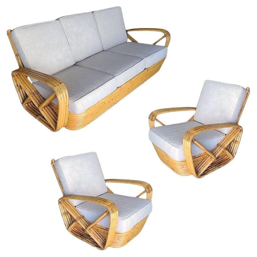 Original Historic Hand Made 4- Strand Square Pretzel Rattan Lounge & Sofa Set: Scarce, museum-quality four-strand square pretzel square-back Lounge chairs and sofa set designed by Paul T. Frankl in 1934 using the highest-quality rattan poles and reeds available and restored by r
