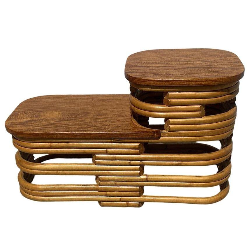 Restored Art Deco Two-Tier Stacked Rattan Side Table w/ Mahogany Top, Pair - 12