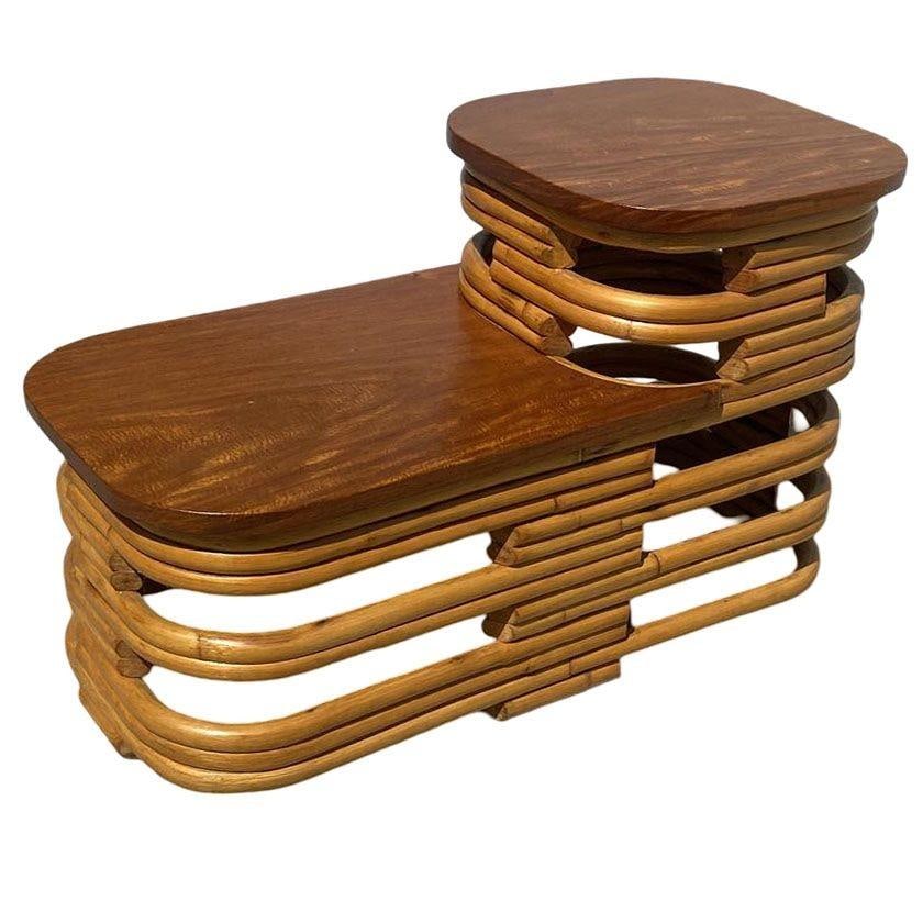 Restored Art Deco Two-Tier Stacked Rattan Side Table w/ Mahogany Top, Pair - 2