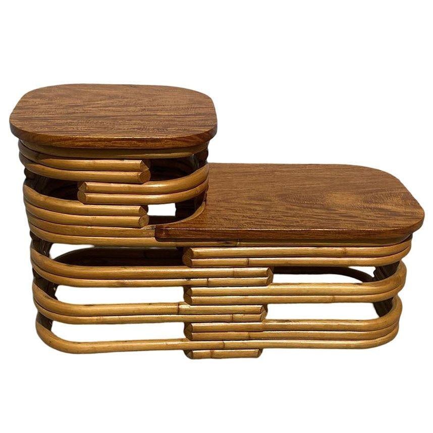 Restored Art Deco Two-Tier Stacked Rattan Side Table w/ Mahogany Top, Pair - 3