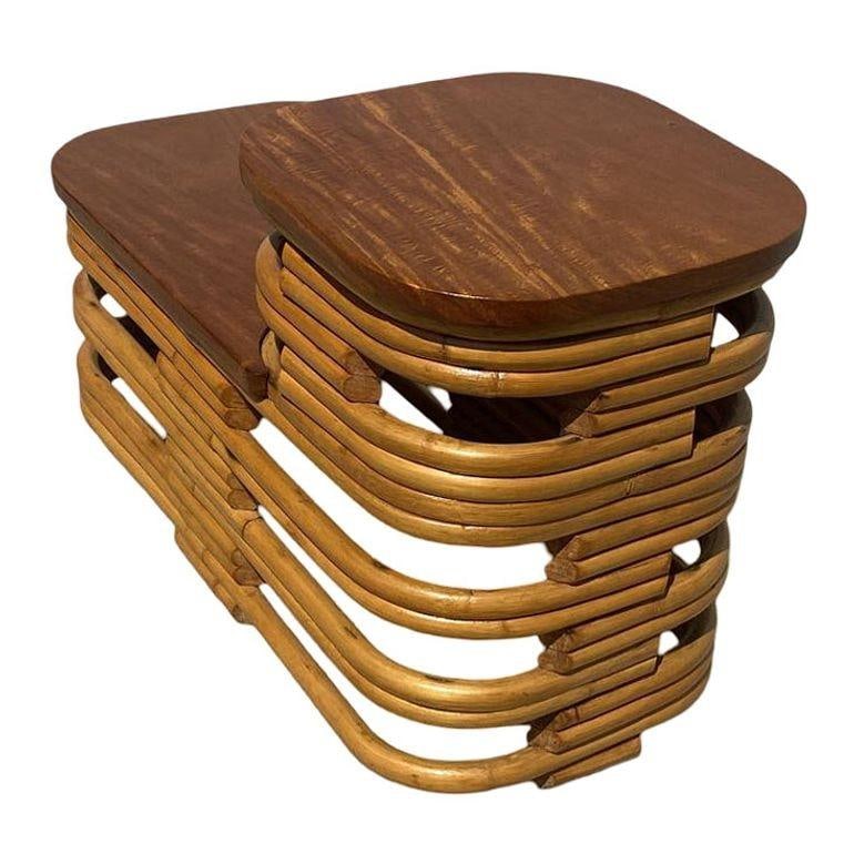 Restored Art Deco Two-Tier Stacked Rattan Side Table w/ Mahogany Top, Pair - 4