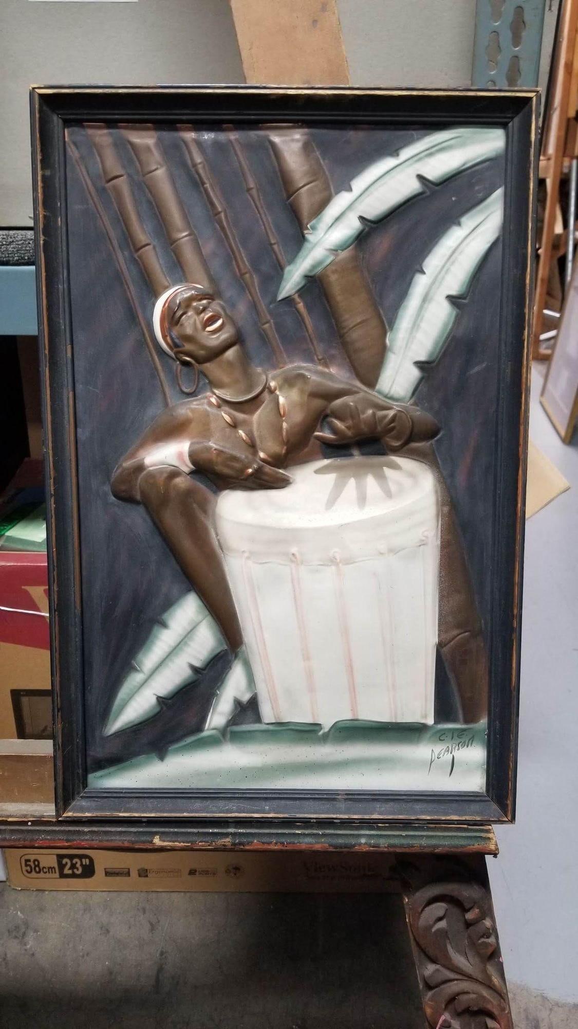 Mid Century Cooper Embossed Bongo Player Wood Framed by C.I.E. Pearson - 2