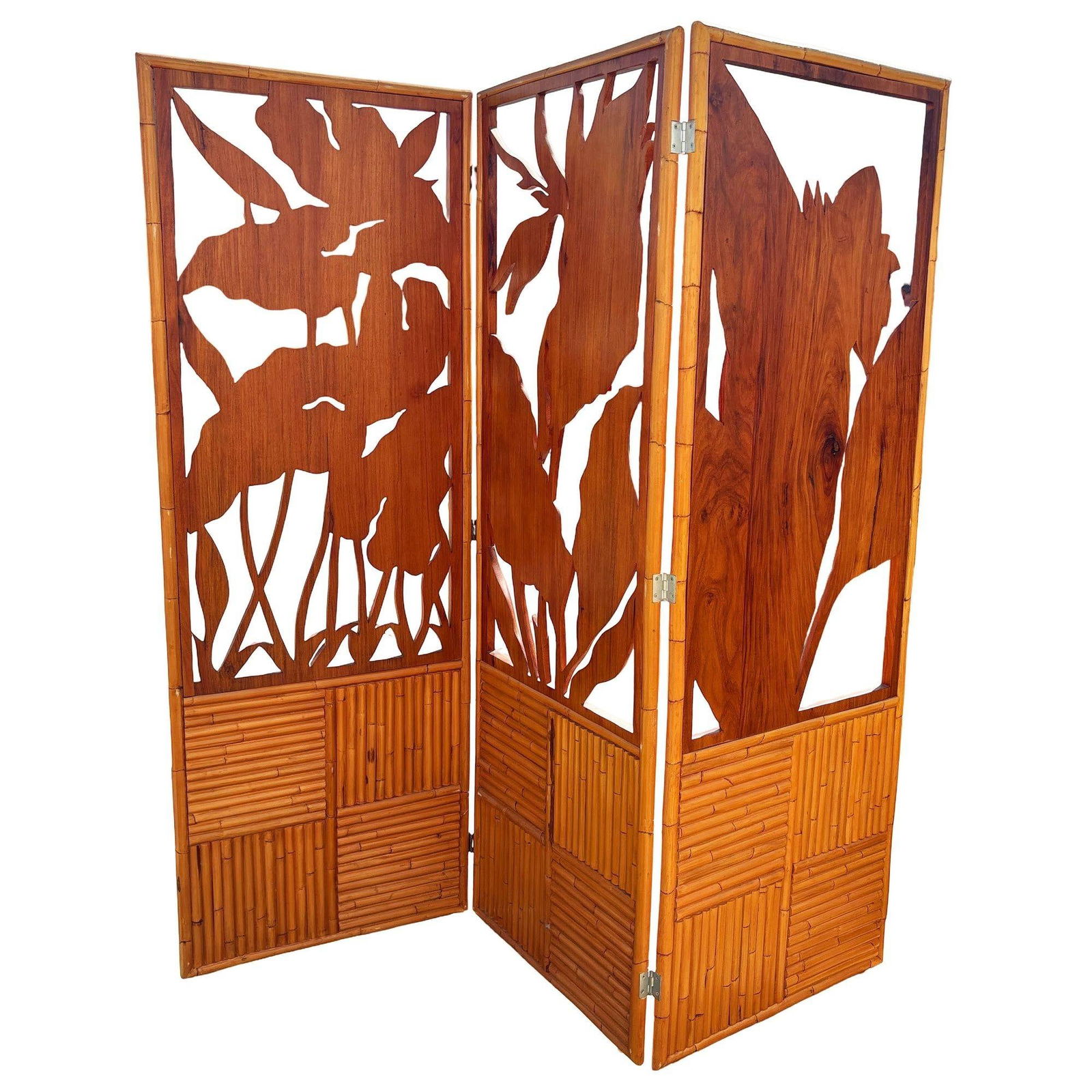3 Panel Mid-Century Carved Koa Wood & Stacked Rattan Folding Screen - 13