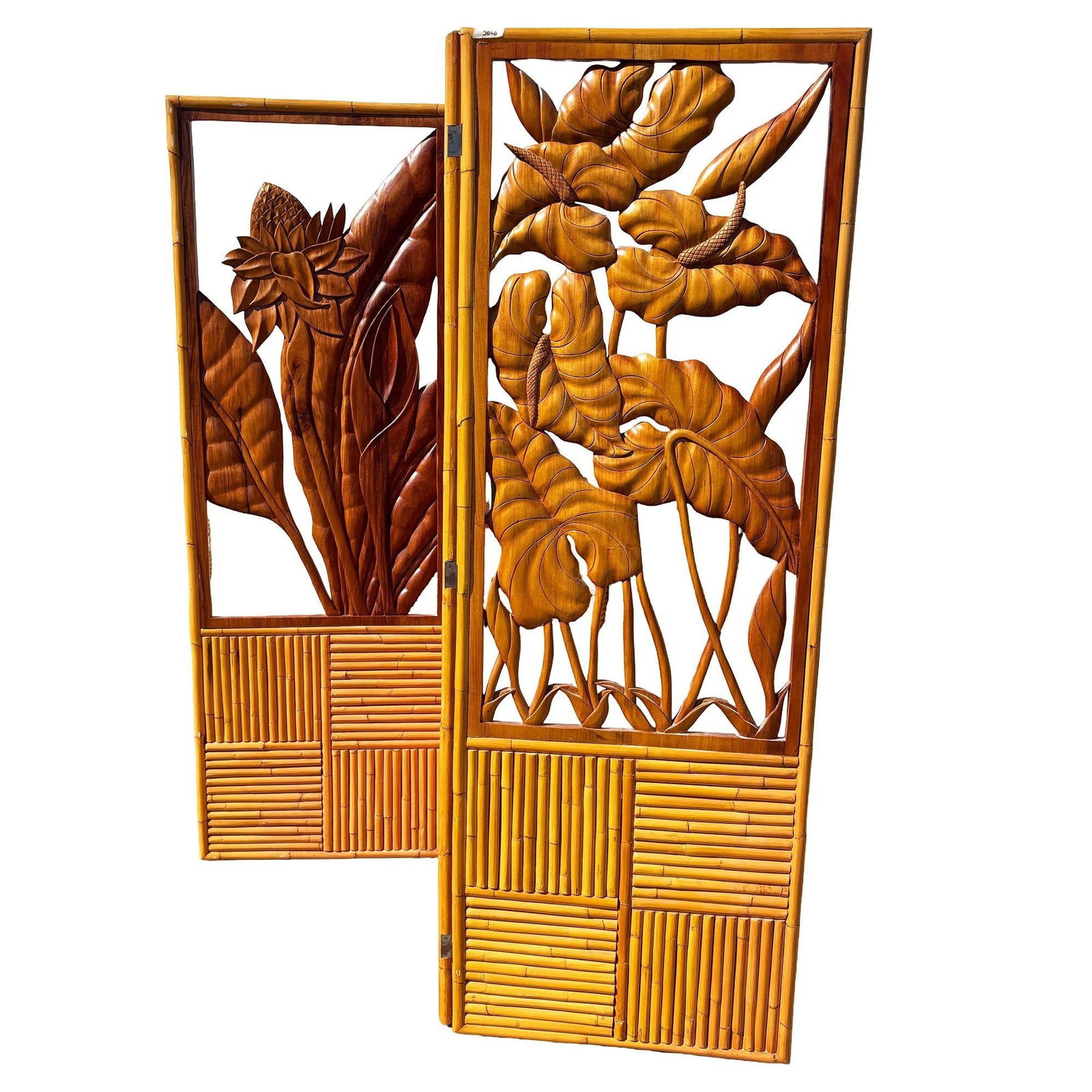 3 Panel Mid-Century Carved Koa Wood & Stacked Rattan Folding Screen - 2