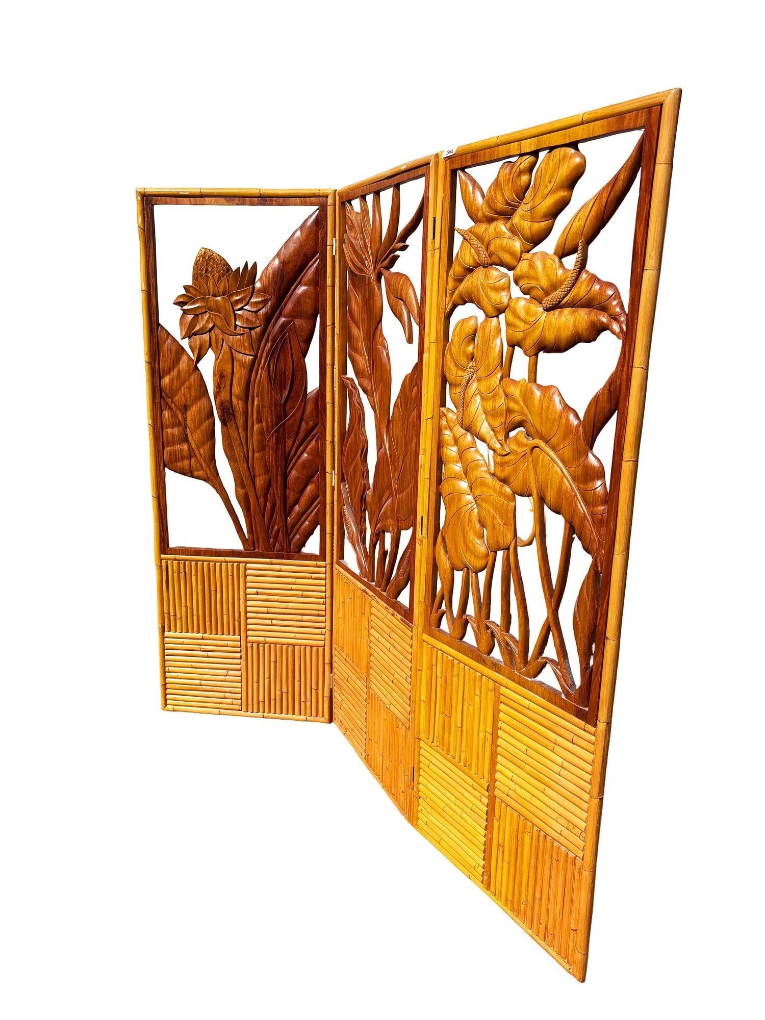 3 Panel Mid-Century Carved Koa Wood & Stacked Rattan Folding Screen - 8