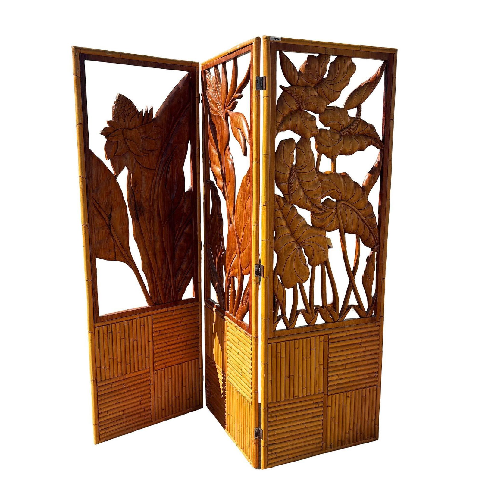 3 Panel Mid-Century Carved Koa Wood & Stacked Rattan Folding Screen - 9