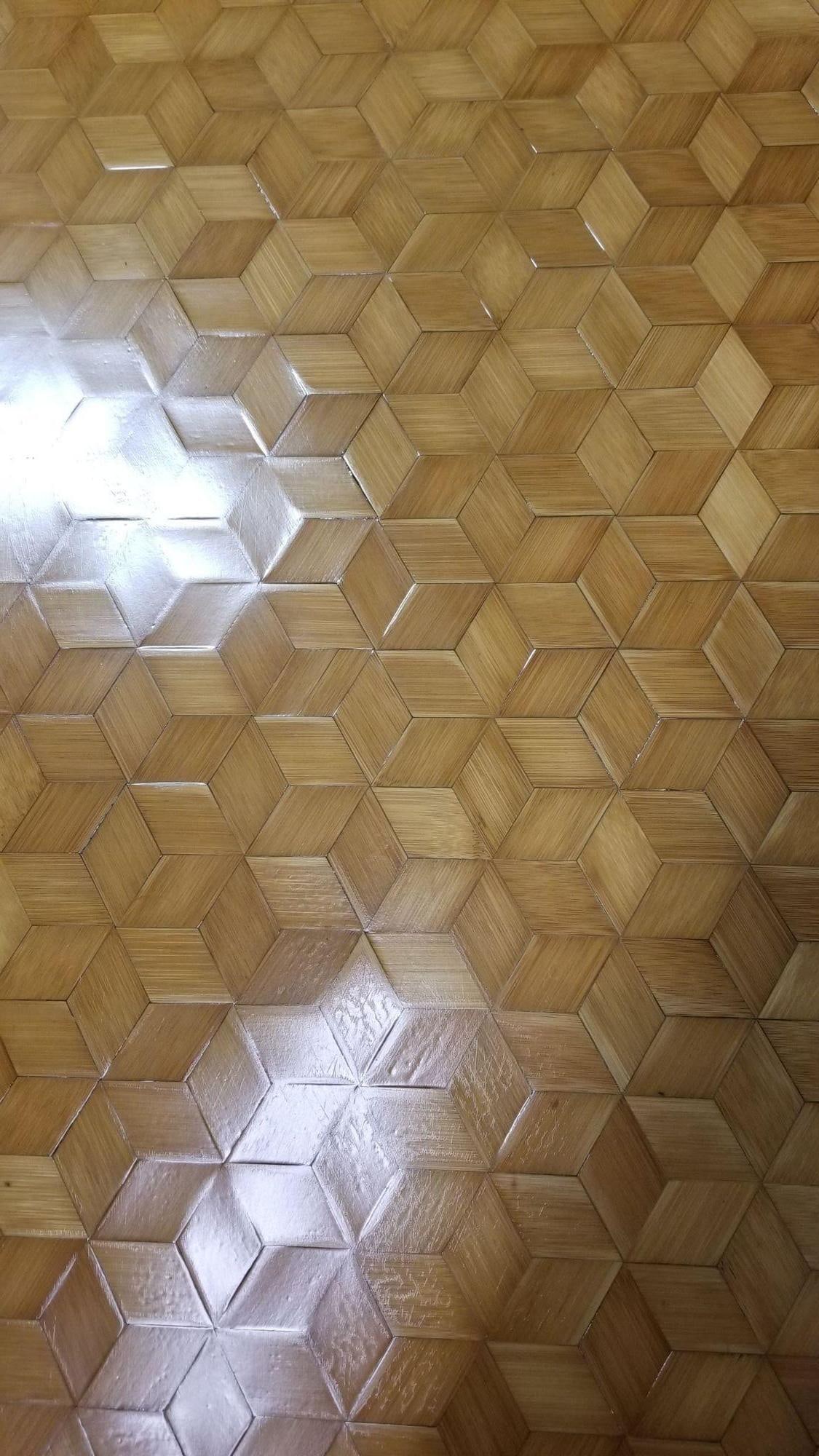 Restored Rattan Cube Pattern Coffee Table Top with Stacked Pedestal Legs - 13