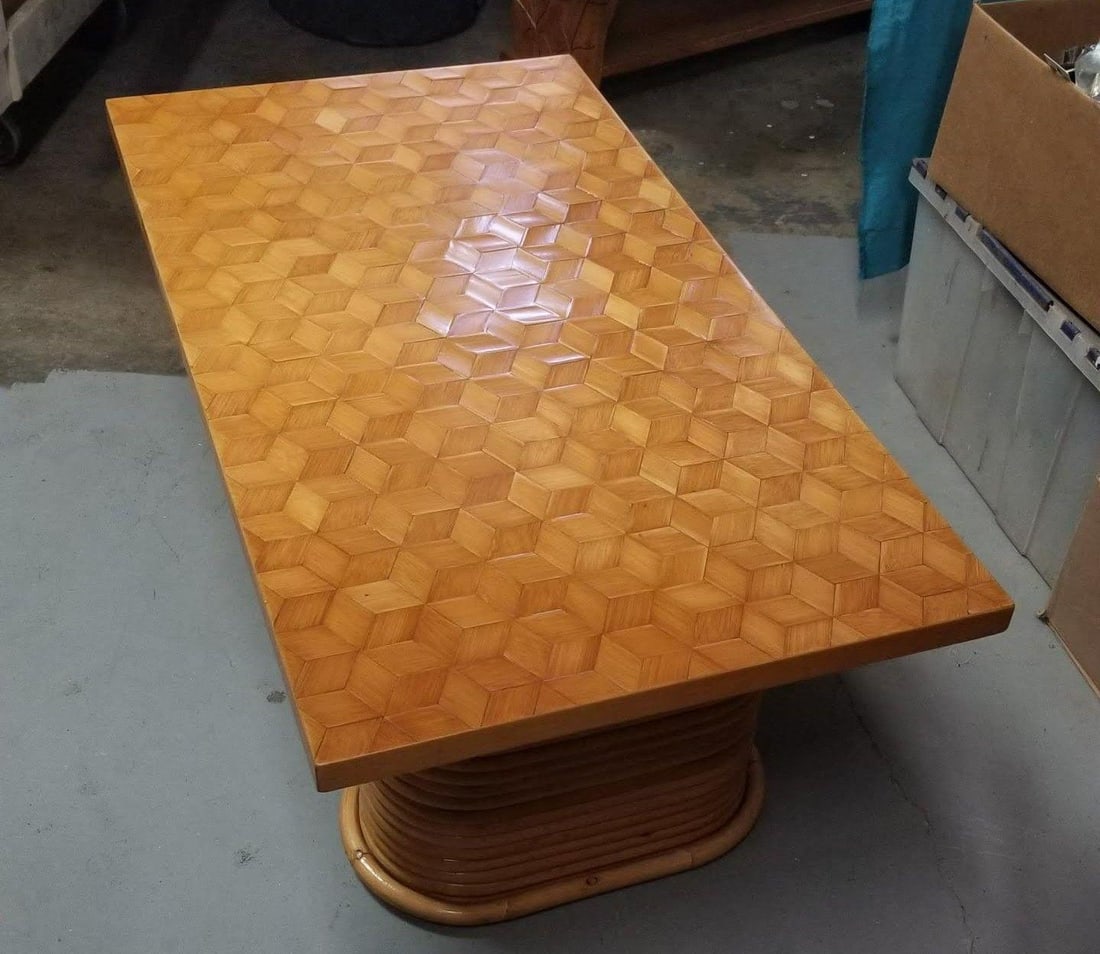 Restored Rattan Cube Pattern Coffee Table Top with Stacked Pedestal Legs - 17