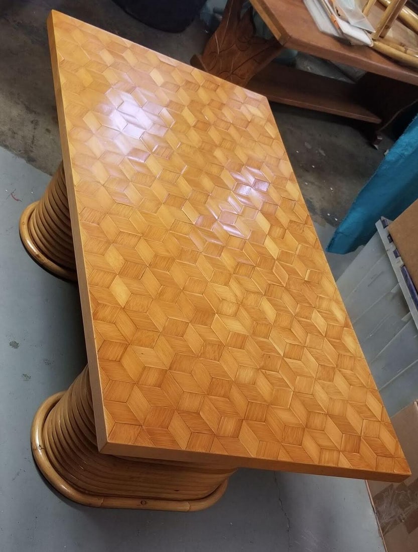 Restored Rattan Cube Pattern Coffee Table Top with Stacked Pedestal Legs - 18