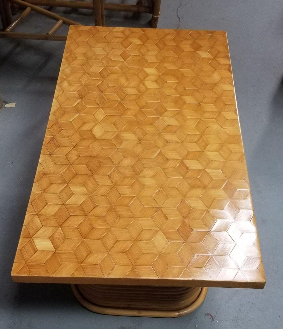 Restored Rattan Cube Pattern Coffee Table Top with Stacked Pedestal Legs - 3