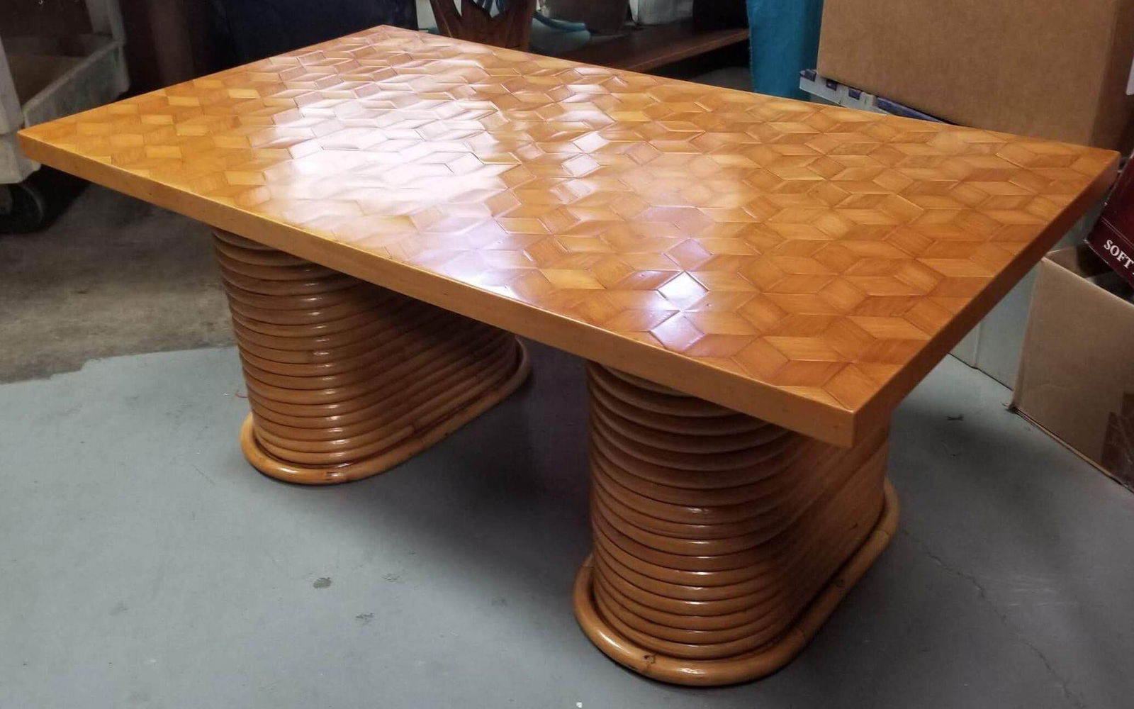 Restored Rattan Cube Pattern Coffee Table Top with Stacked Pedestal Legs - 6