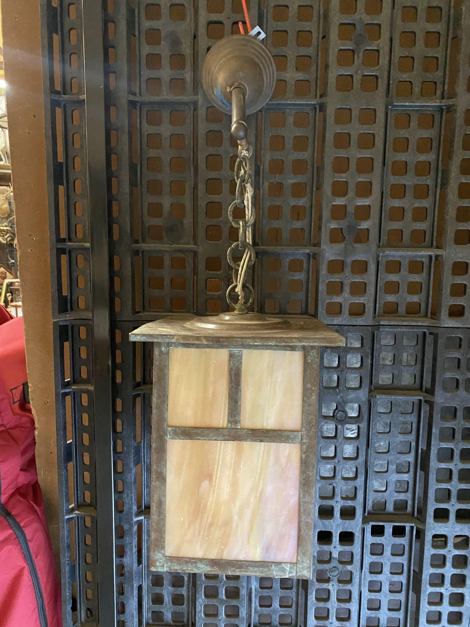 Arts and Crafts Bronze Sconce on Chain w/ Iridescent Art Glass Shade - 3