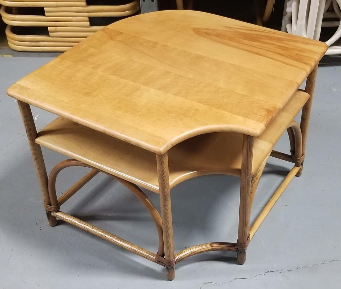 Restored Mid Century Maple and Faux Rattan Corner Table by Heywood Wakefield - 8