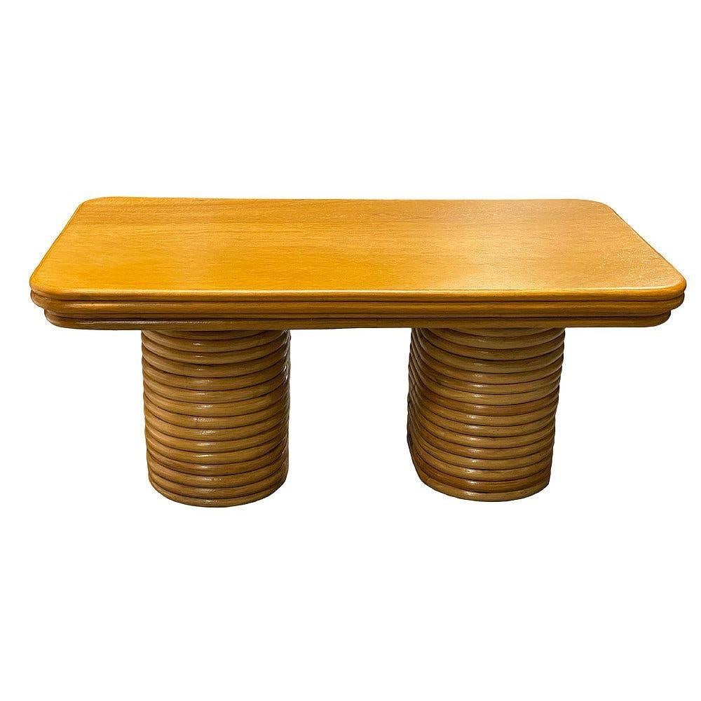 Restored Mid-century Stacked Rattan Coffee Table w/ Mahogany Top - 18