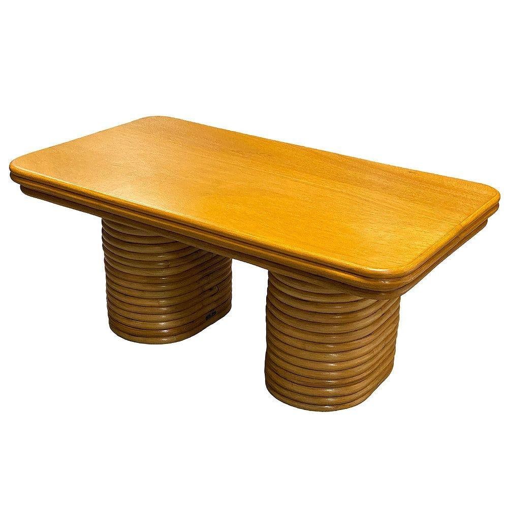 Restored Mid-century Stacked Rattan Coffee Table w/ Mahogany Top - 9