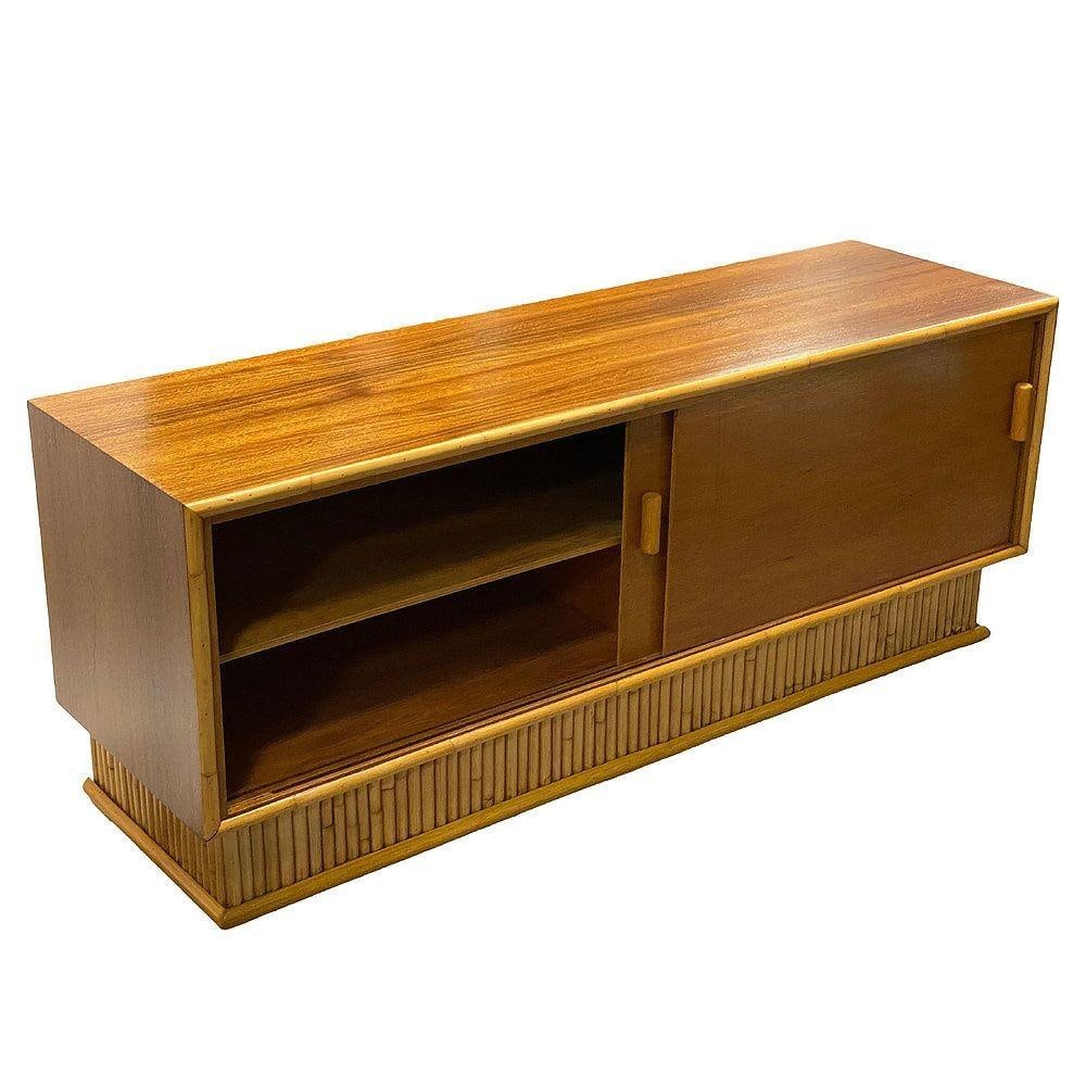 Restored Frankl Style Rattan & Mahogany Credenza TV Stand W/ Stacked Rattan Base - 10