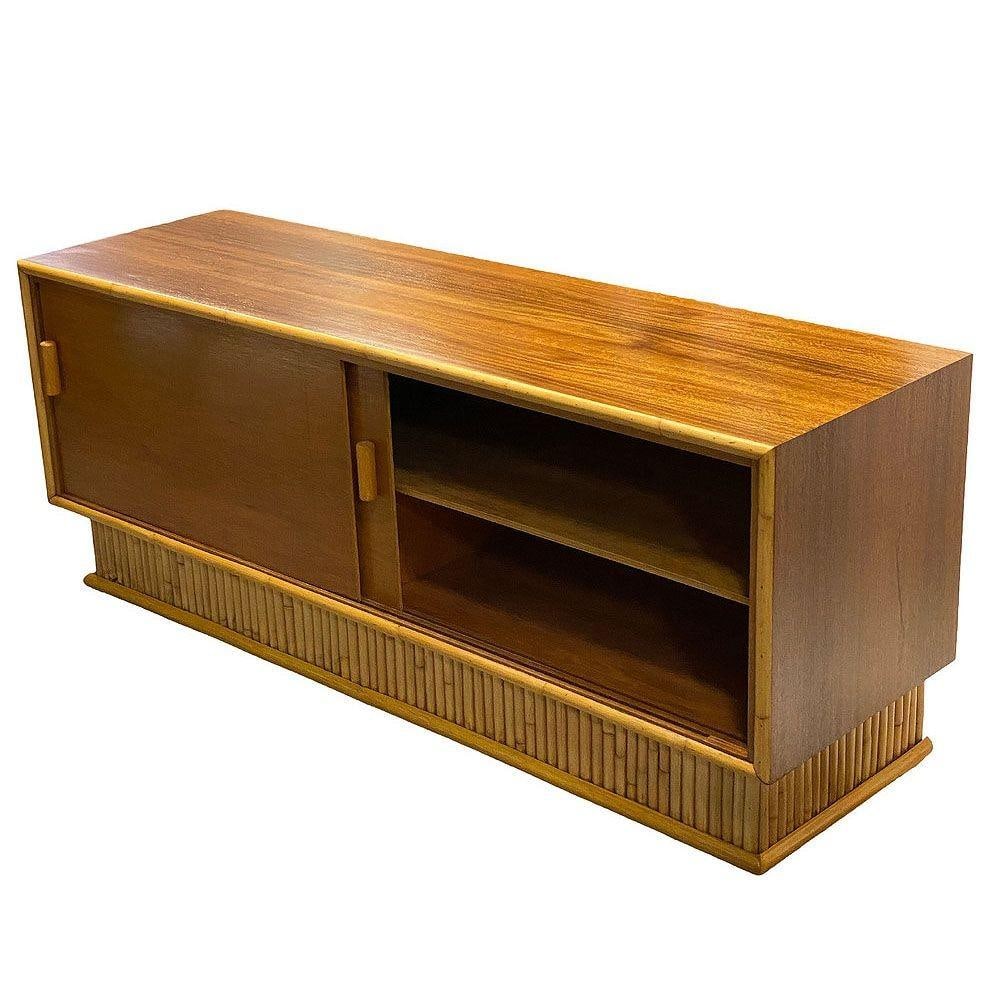 Restored Frankl Style Rattan & Mahogany Credenza TV Stand W/ Stacked Rattan Base - 12