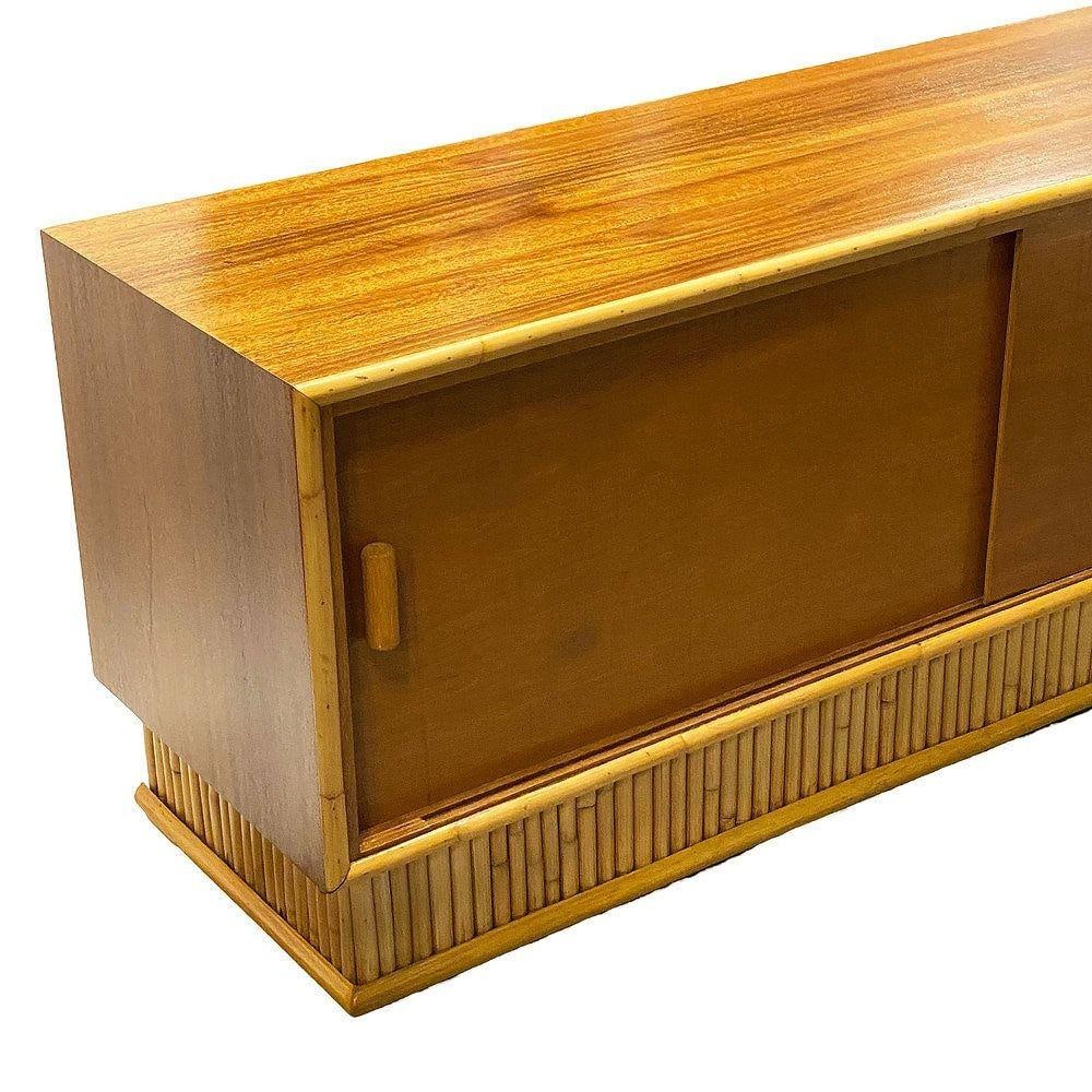 Restored Frankl Style Rattan & Mahogany Credenza TV Stand W/ Stacked Rattan Base - 14