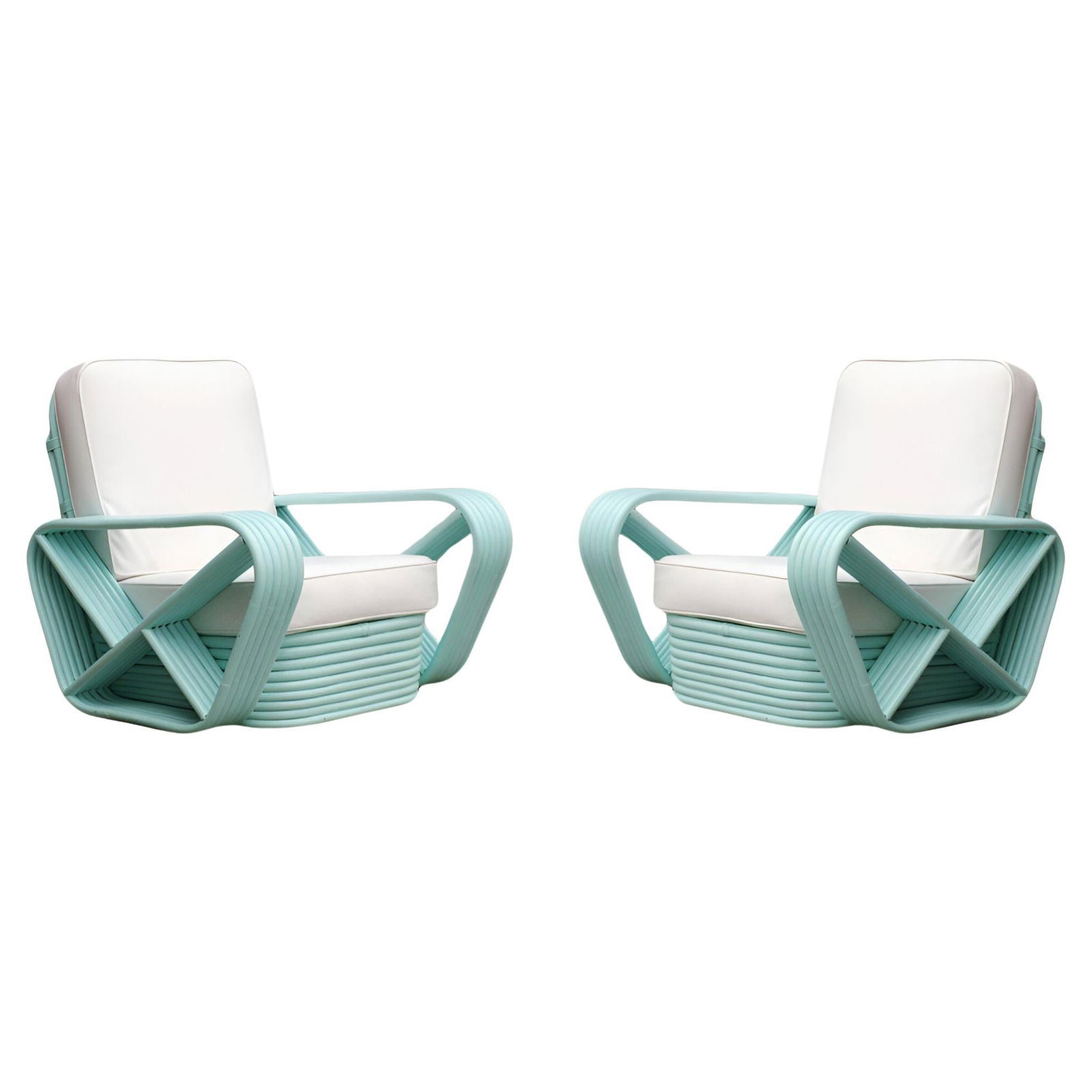 Restored pair Teal Square Pretzel Stacked Rattan Lounge Chairs Style of Frankl - 7