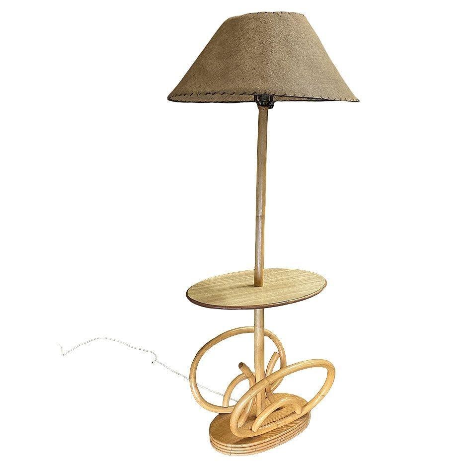 Restored Rare Mid Century Rattan Pole Floor Lamp & Drink Stand w Magazine Holder - 11