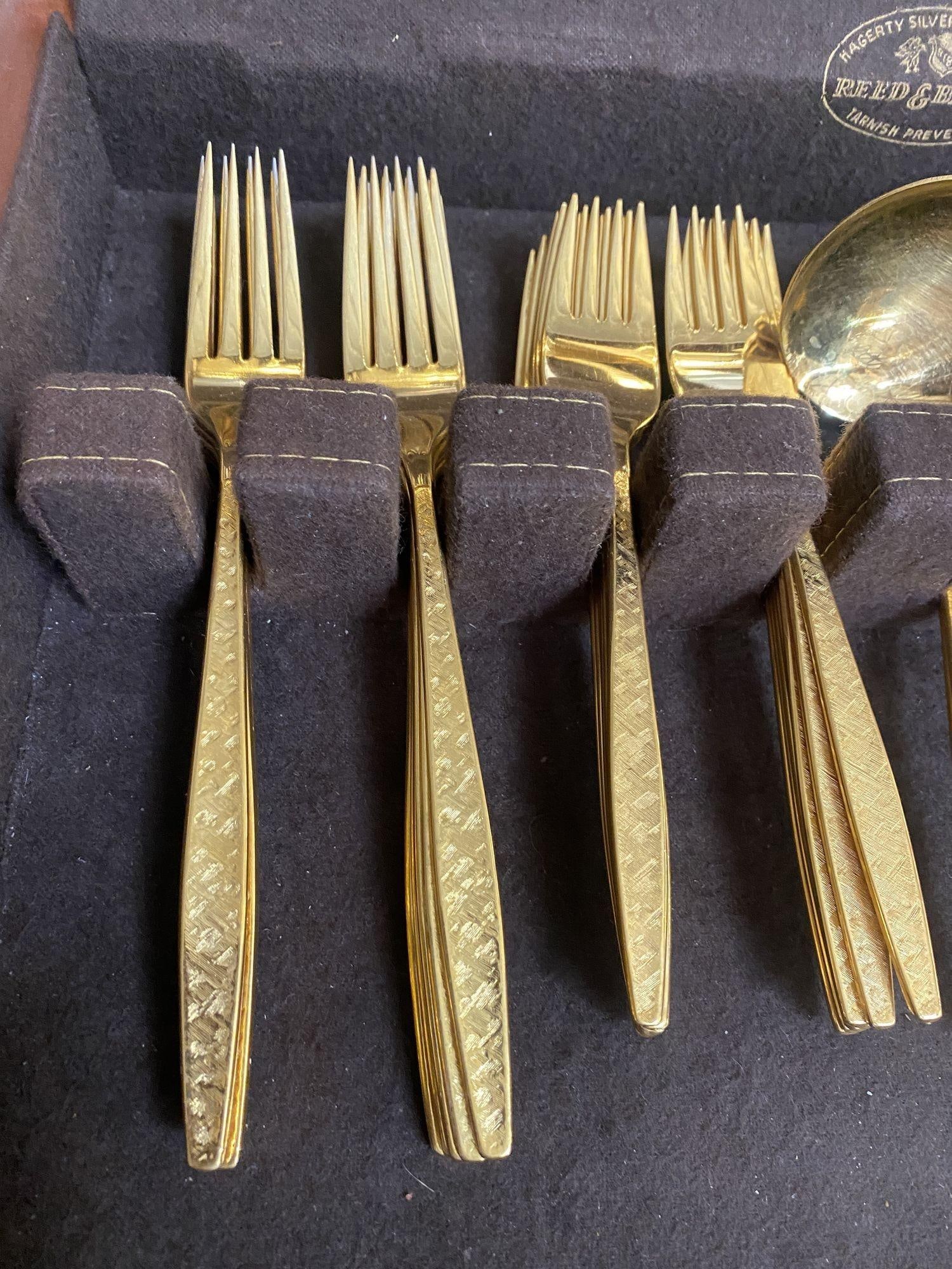 Modernist Pattern Gold Plated Stainless Flatware Set of 92 by 1847 Rogers Bros - 14