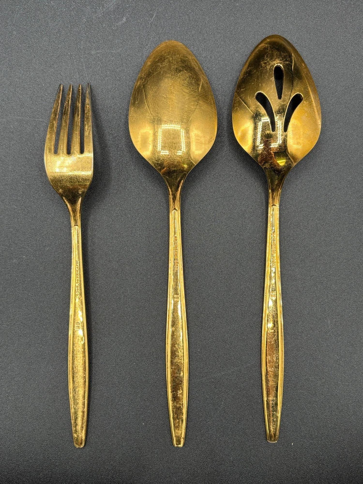 Modernist Pattern Gold Plated Stainless Flatware Set of 92 by 1847 Rogers Bros - 18