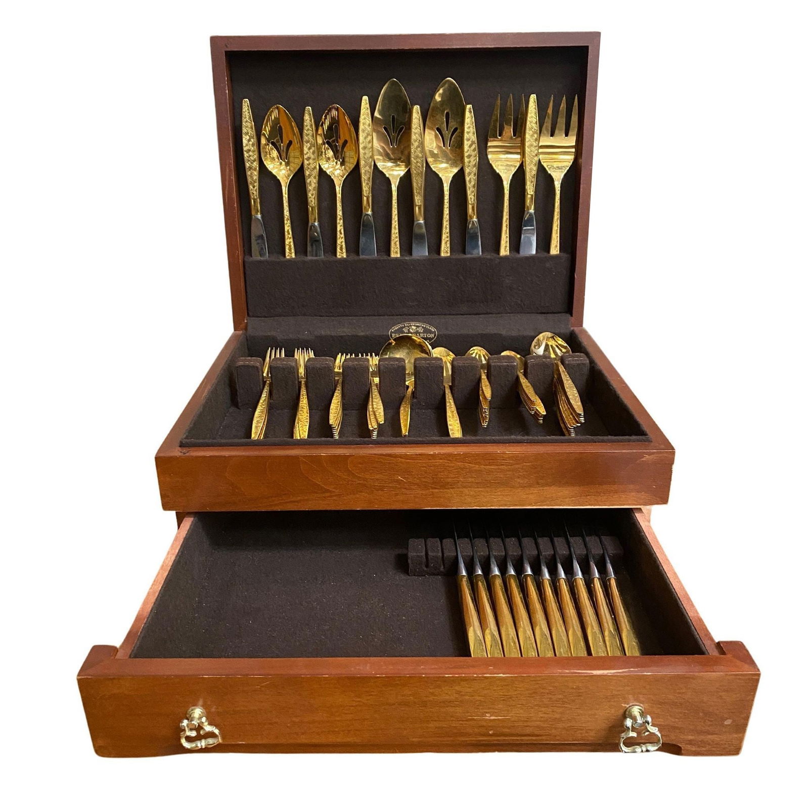Modernist Pattern Gold Plated Stainless Flatware Set of 92 by 1847 Rogers Bros - 7