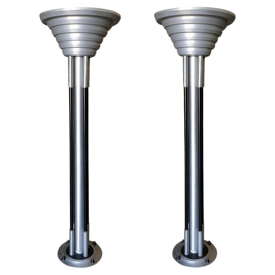Large Art Deco Revival Machine Age Torchiere Floor Lamp, Pair: Pair of large six-and-a-half-foot tall custom hand-made Art Deco Revival torchiere floor lamps. Each lamp features hand-machined parts with a mix of black powder coat finish, brushed steel, and alumin